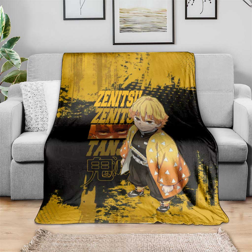 Zenitsu Agatsuma Demon Slayer Yellow Grunge Design Blanket with Lightning Eyes and Bold Pose - The Mazicc