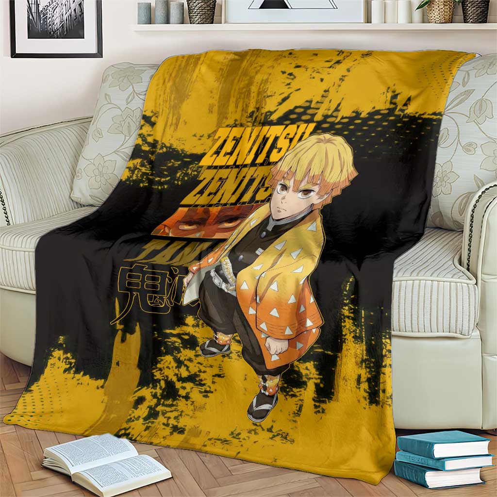 Zenitsu Agatsuma Demon Slayer Yellow Grunge Design Blanket with Lightning Eyes and Bold Pose - The Mazicc