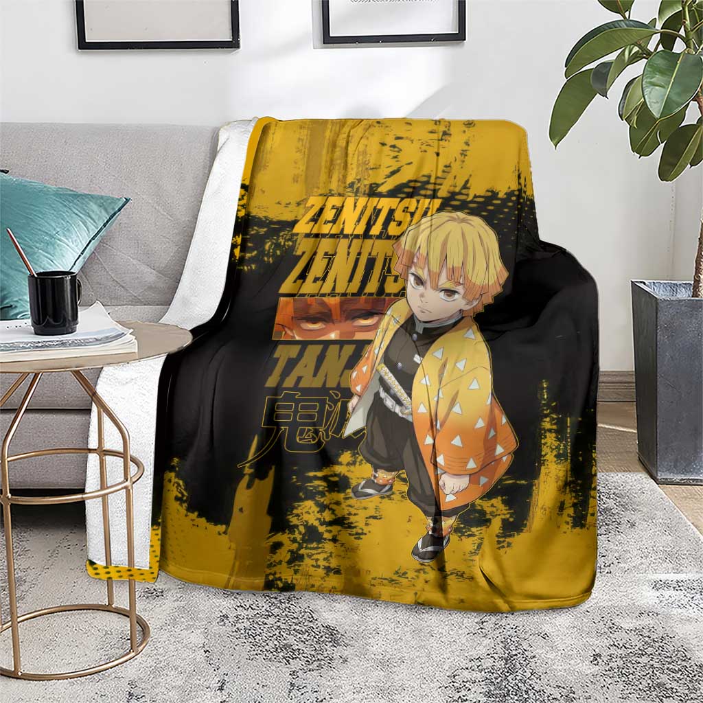 Zenitsu Agatsuma Demon Slayer Yellow Grunge Design Blanket with Lightning Eyes and Bold Pose - The Mazicc