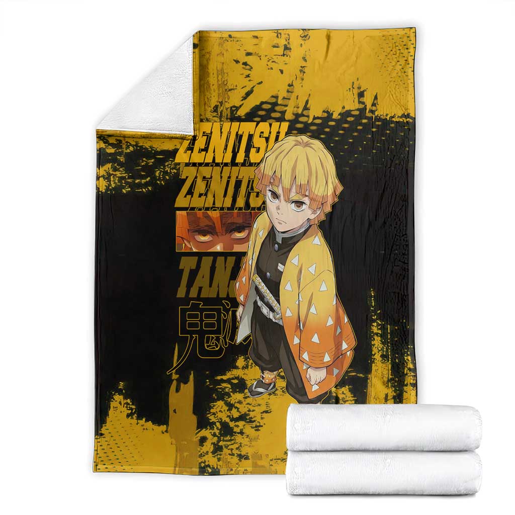 Zenitsu Agatsuma Demon Slayer Yellow Grunge Design Blanket with Lightning Eyes and Bold Pose - The Mazicc