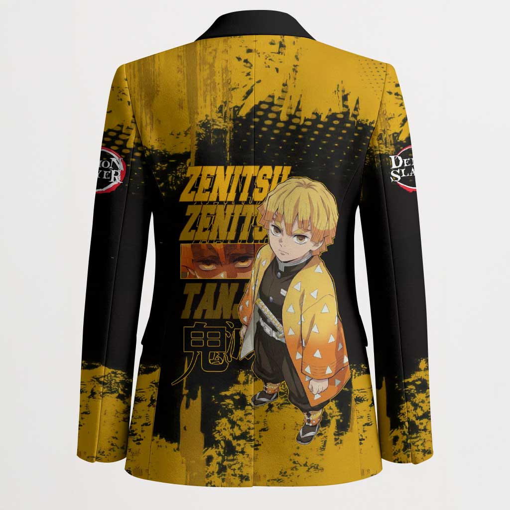 Zenitsu Agatsuma Demon Slayer Yellow Grunge Design Blazer with Lightning Eyes and Bold Pose - The Mazicc