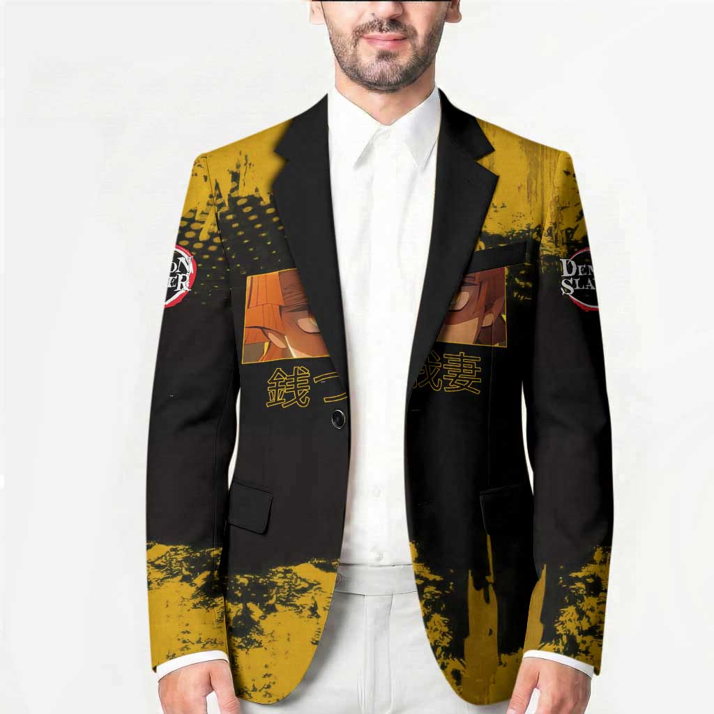 Zenitsu Agatsuma Demon Slayer Yellow Grunge Design Blazer with Lightning Eyes and Bold Pose - The Mazicc