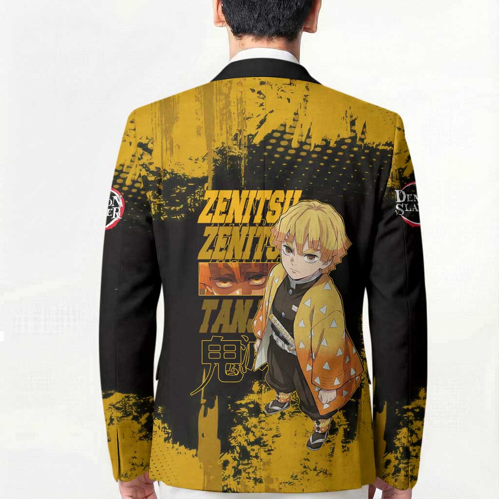 Zenitsu Agatsuma Demon Slayer Yellow Grunge Design Blazer with Lightning Eyes and Bold Pose - The Mazicc