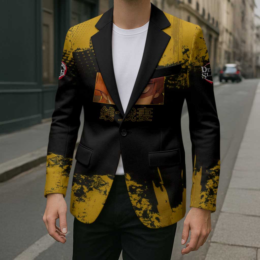 Zenitsu Agatsuma Demon Slayer Yellow Grunge Design Blazer with Lightning Eyes and Bold Pose - The Mazicc
