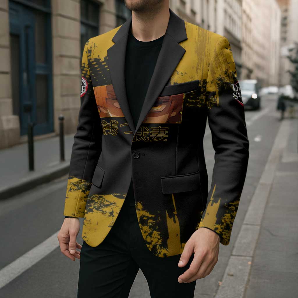 Zenitsu Agatsuma Demon Slayer Yellow Grunge Design Blazer with Lightning Eyes and Bold Pose - The Mazicc