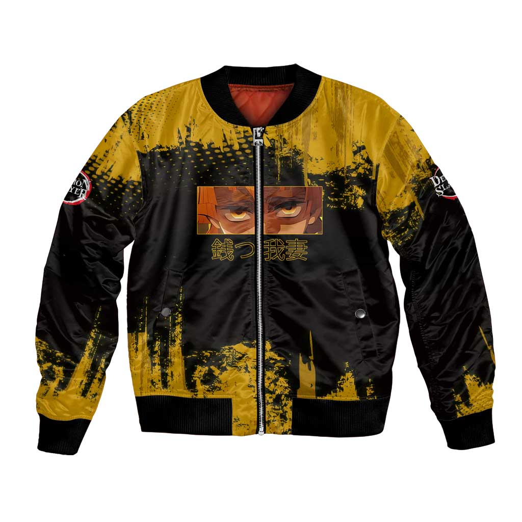 Zenitsu Agatsuma Demon Slayer Yellow Grunge Design Bomber Jacket with Lightning Eyes and Bold Pose - The Mazicc