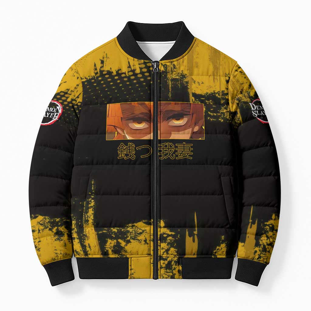 Zenitsu Agatsuma Demon Slayer Yellow Grunge Design Bomber Puffer Jacket with Lightning Eyes and Bold Pose - The Mazicc