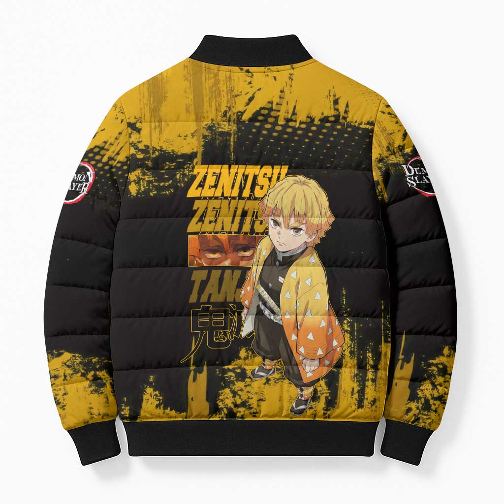 Zenitsu Agatsuma Demon Slayer Yellow Grunge Design Bomber Puffer Jacket with Lightning Eyes and Bold Pose - The Mazicc