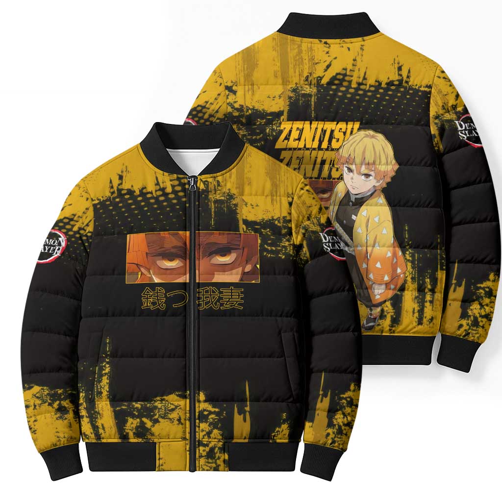 Zenitsu Agatsuma Demon Slayer Yellow Grunge Design Bomber Puffer Jacket with Lightning Eyes and Bold Pose - The Mazicc