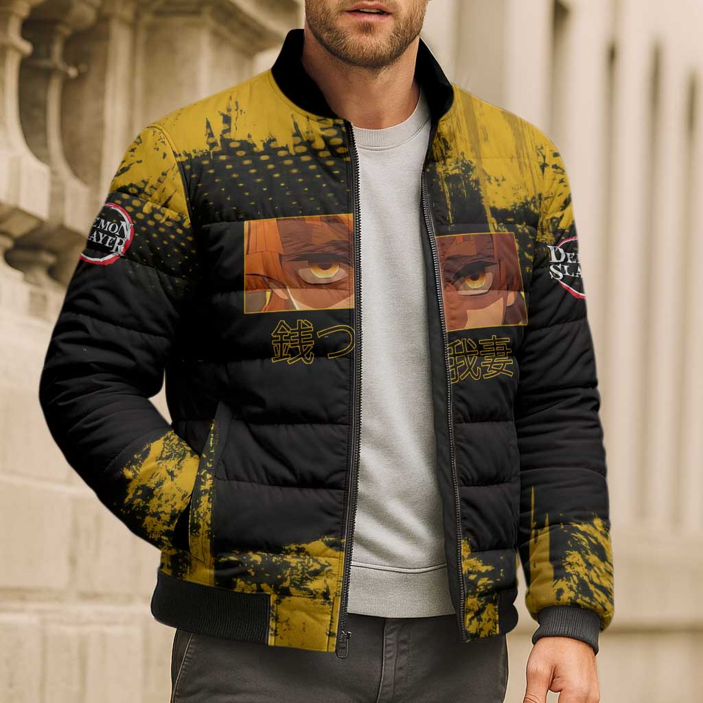 Zenitsu Agatsuma Demon Slayer Yellow Grunge Design Bomber Puffer Jacket with Lightning Eyes and Bold Pose - The Mazicc