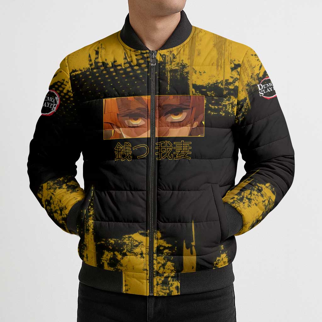 Zenitsu Agatsuma Demon Slayer Yellow Grunge Design Bomber Puffer Jacket with Lightning Eyes and Bold Pose - The Mazicc