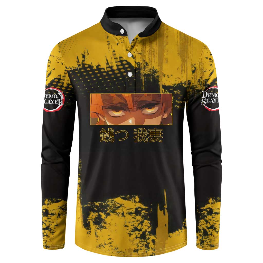 Zenitsu Agatsuma Demon Slayer Yellow Grunge Design Button Sweatshirt with Lightning Eyes and Bold Pose - The Mazicc