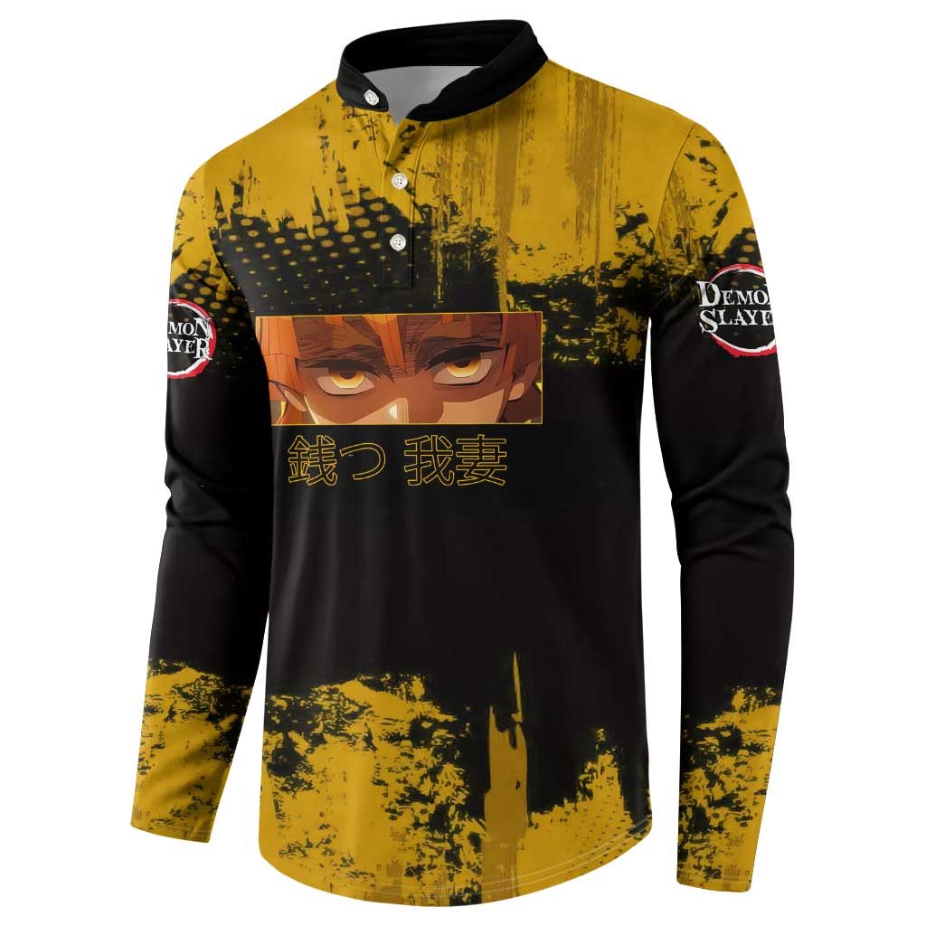 Zenitsu Agatsuma Demon Slayer Yellow Grunge Design Button Sweatshirt with Lightning Eyes and Bold Pose - The Mazicc