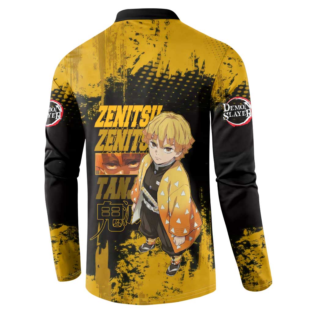 Zenitsu Agatsuma Demon Slayer Yellow Grunge Design Button Sweatshirt with Lightning Eyes and Bold Pose - The Mazicc