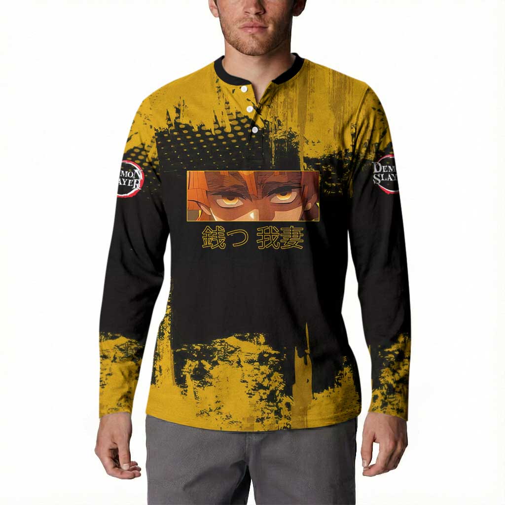 Zenitsu Agatsuma Demon Slayer Yellow Grunge Design Button Sweatshirt with Lightning Eyes and Bold Pose - The Mazicc