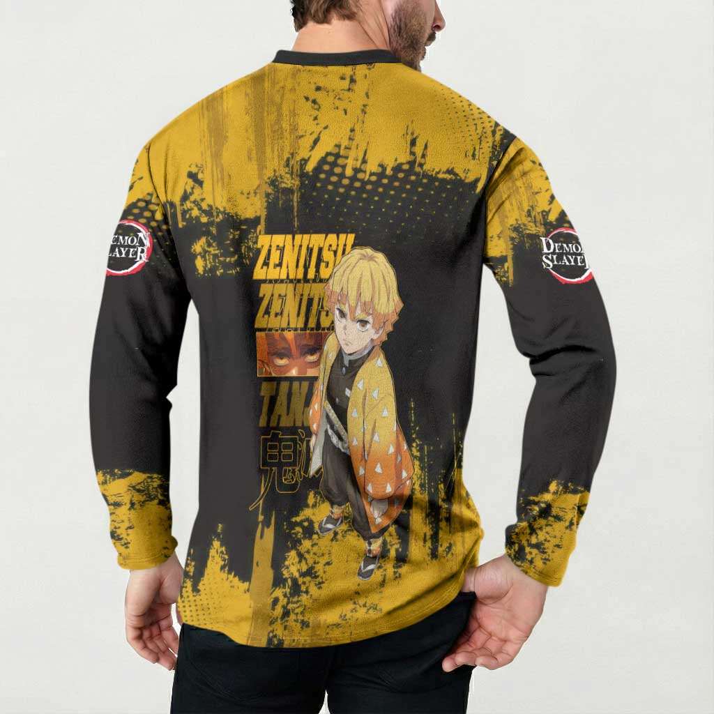 Zenitsu Agatsuma Demon Slayer Yellow Grunge Design Button Sweatshirt with Lightning Eyes and Bold Pose - The Mazicc