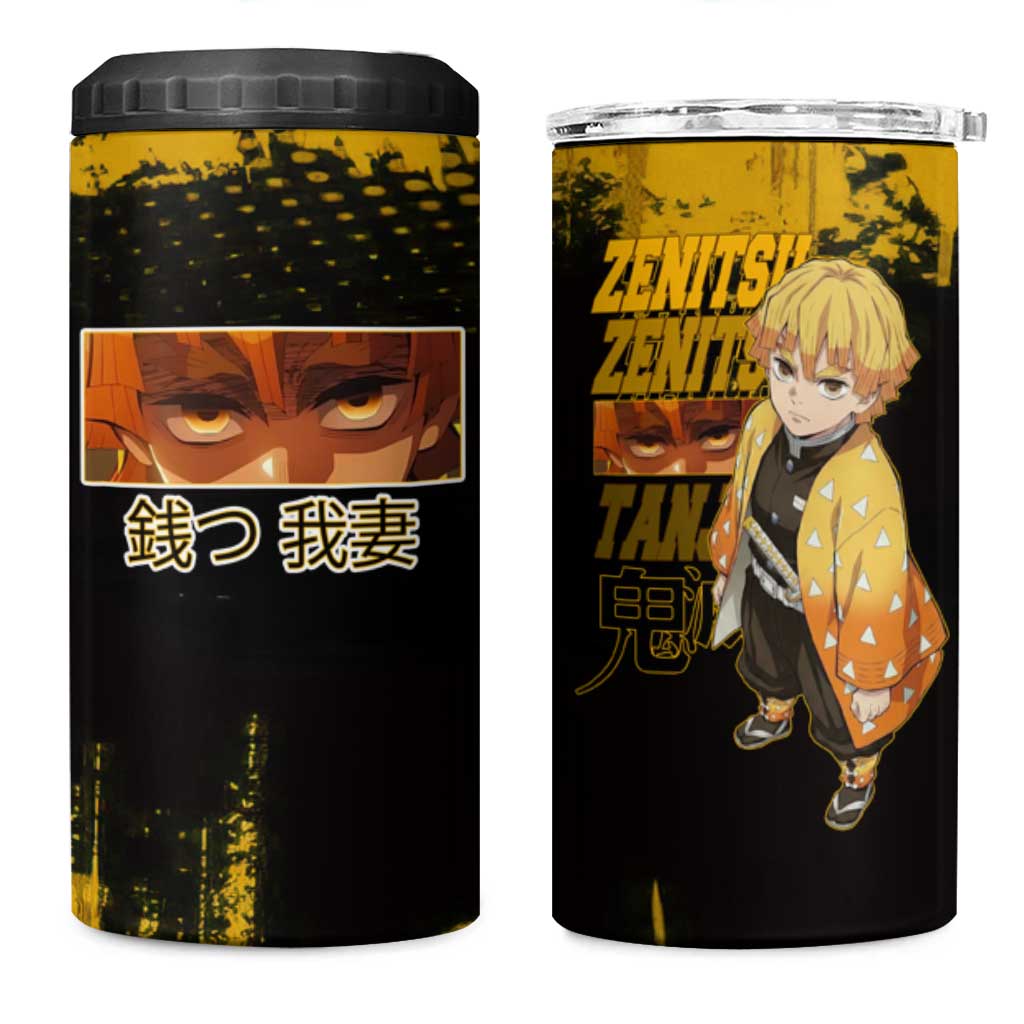 Zenitsu Agatsuma Demon Slayer Yellow Grunge Design 4 in 1 Can Cooler Tumbler with Lightning Eyes and Bold Pose - The Mazicc