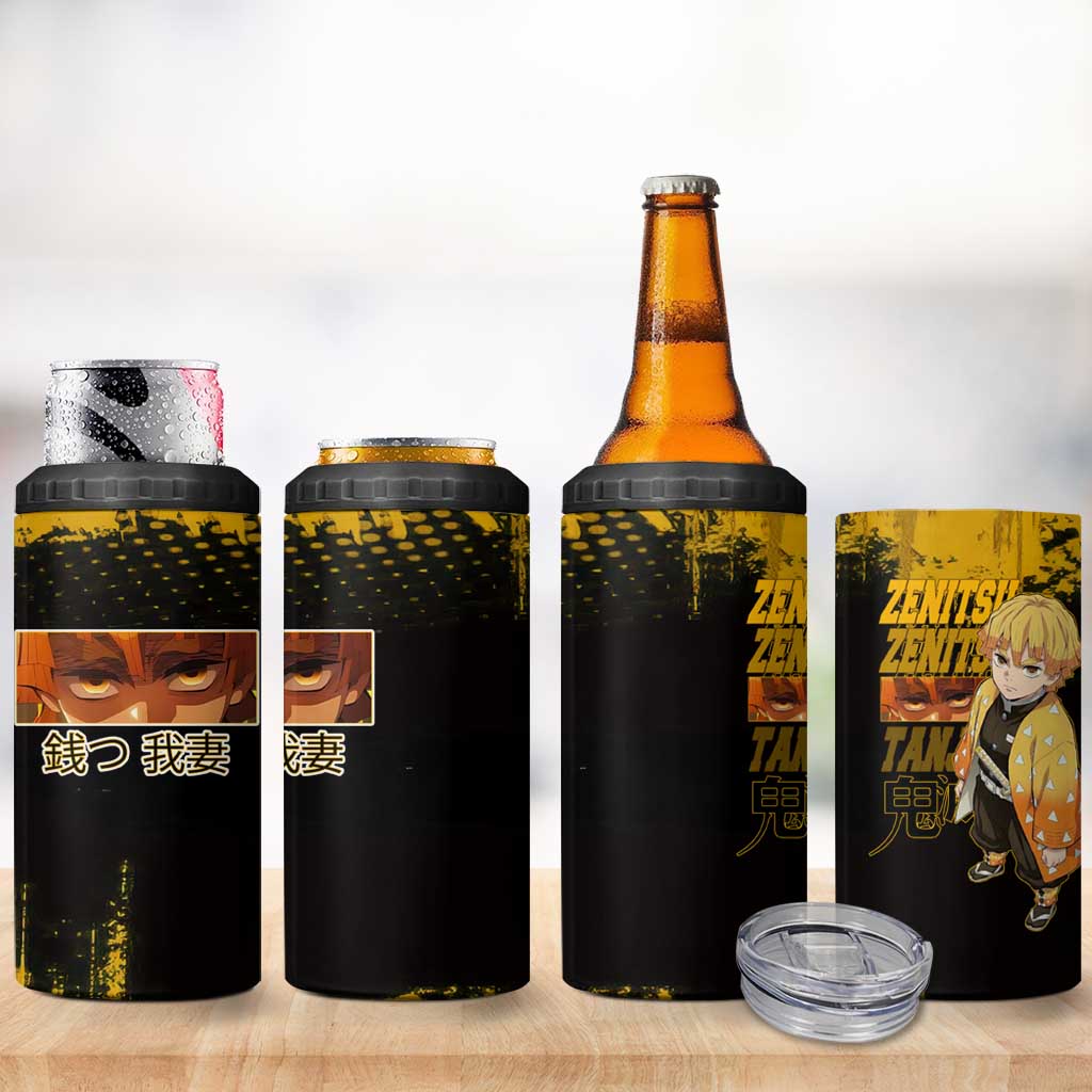 Zenitsu Agatsuma Demon Slayer Yellow Grunge Design 4 in 1 Can Cooler Tumbler with Lightning Eyes and Bold Pose - The Mazicc
