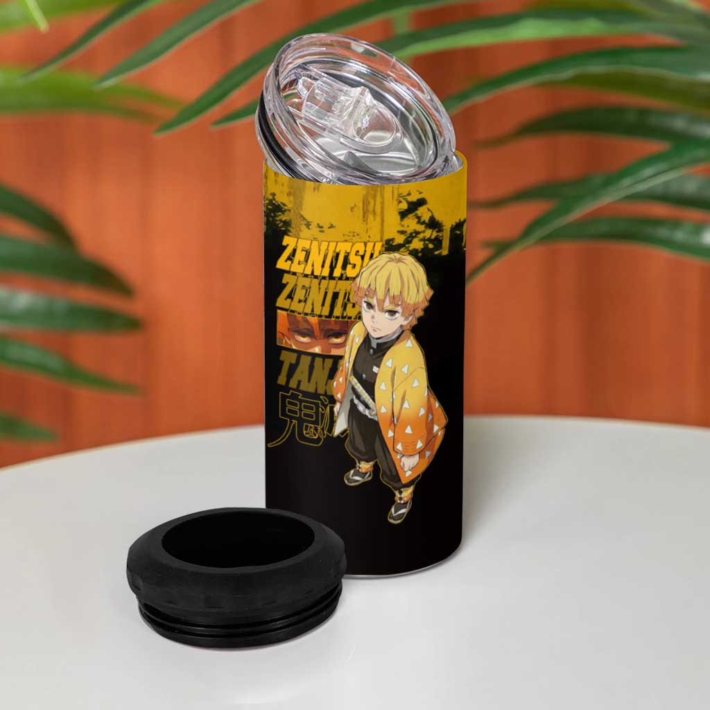Zenitsu Agatsuma Demon Slayer Yellow Grunge Design 4 in 1 Can Cooler Tumbler with Lightning Eyes and Bold Pose - The Mazicc