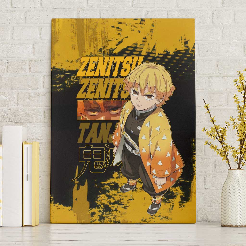 Zenitsu Agatsuma Demon Slayer Yellow Grunge Design Canvas Wall Art with Lightning Eyes and Bold Pose - The Mazicc