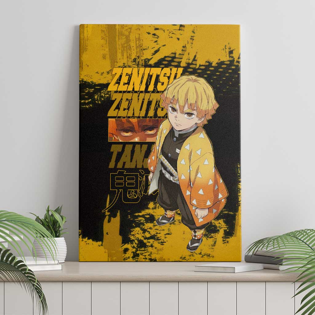 Zenitsu Agatsuma Demon Slayer Yellow Grunge Design Canvas Wall Art with Lightning Eyes and Bold Pose - The Mazicc