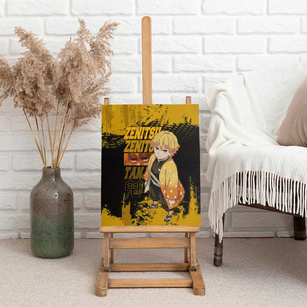 Zenitsu Agatsuma Demon Slayer Yellow Grunge Design Canvas Wall Art with Lightning Eyes and Bold Pose - The Mazicc