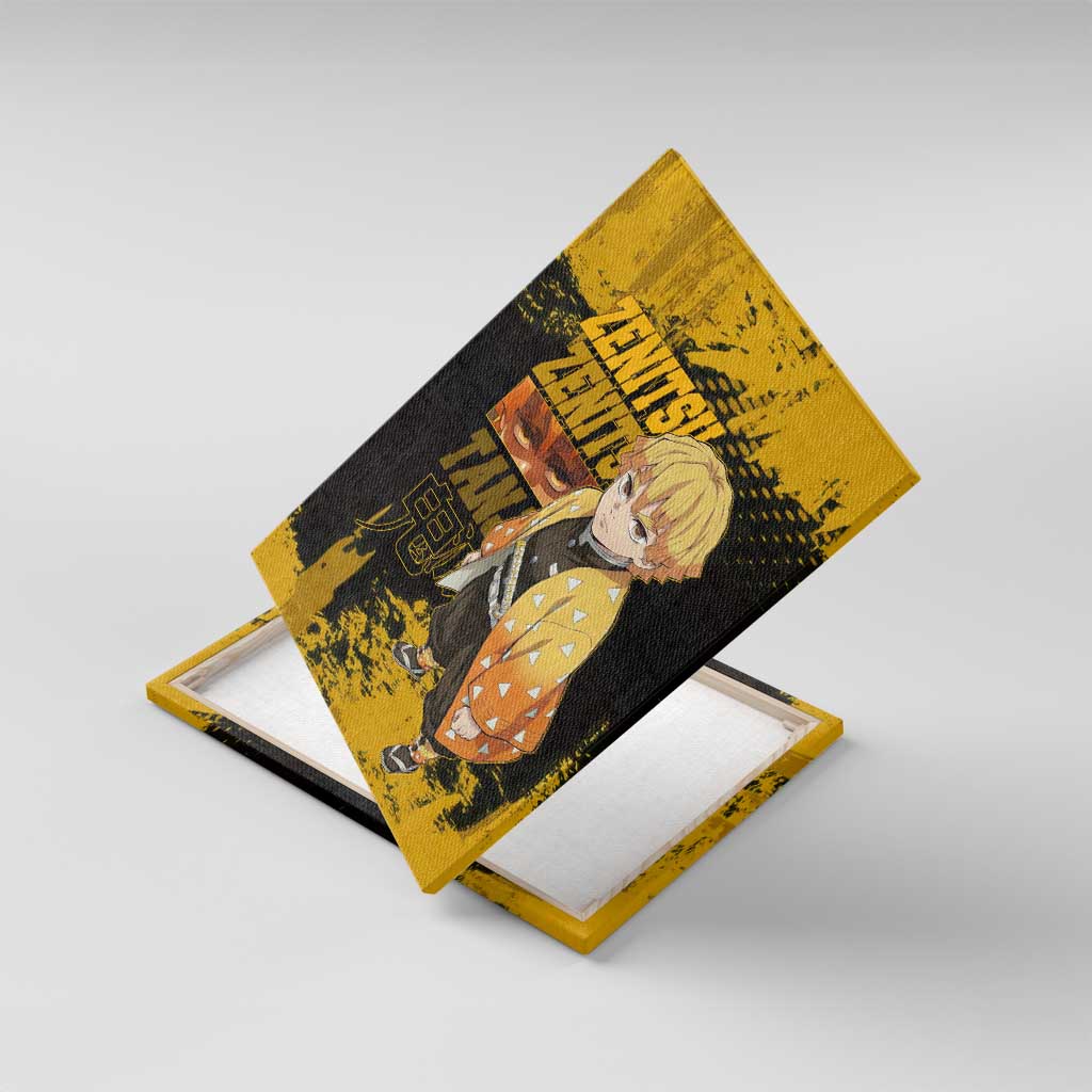 Zenitsu Agatsuma Demon Slayer Yellow Grunge Design Canvas Wall Art with Lightning Eyes and Bold Pose - The Mazicc