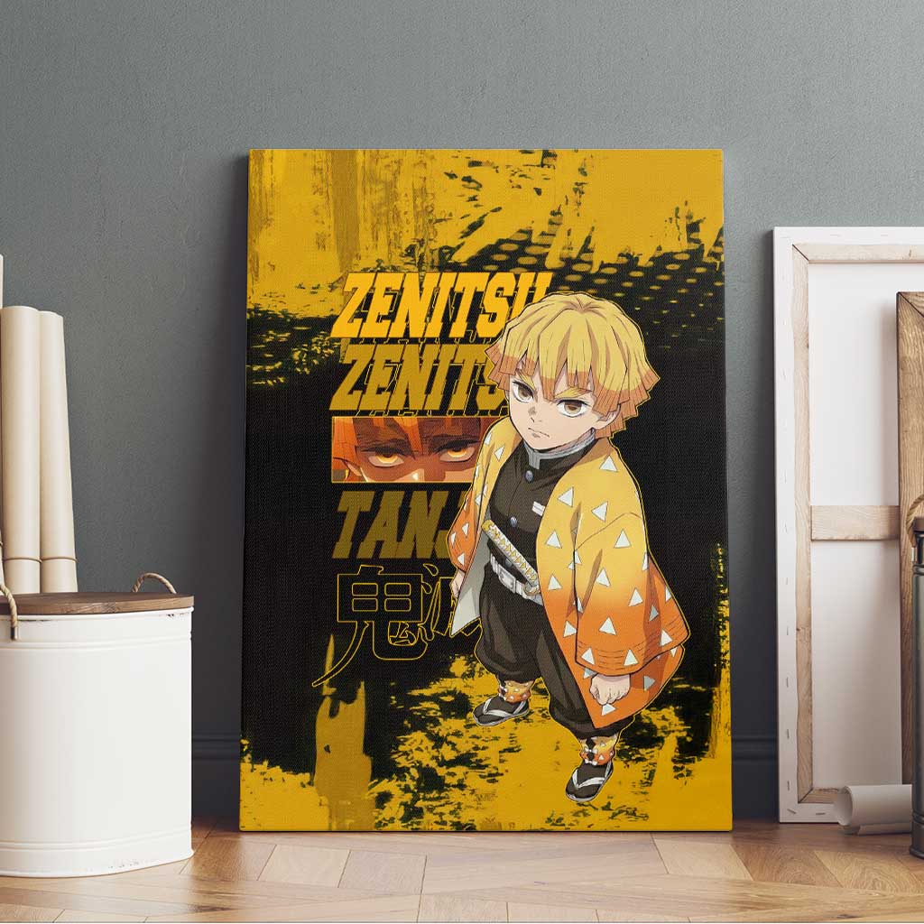 Zenitsu Agatsuma Demon Slayer Yellow Grunge Design Canvas Wall Art with Lightning Eyes and Bold Pose - The Mazicc
