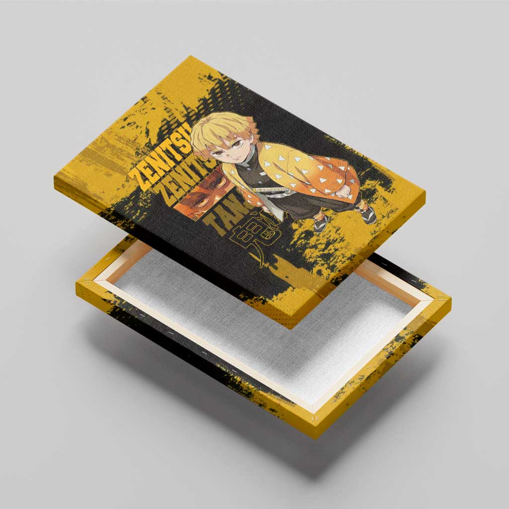 Zenitsu Agatsuma Demon Slayer Yellow Grunge Design Canvas Wall Art with Lightning Eyes and Bold Pose - The Mazicc