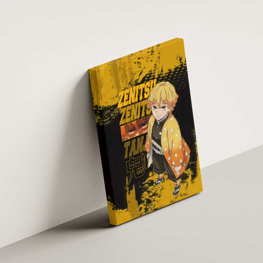 Zenitsu Agatsuma Demon Slayer Yellow Grunge Design Canvas Wall Art with Lightning Eyes and Bold Pose - The Mazicc