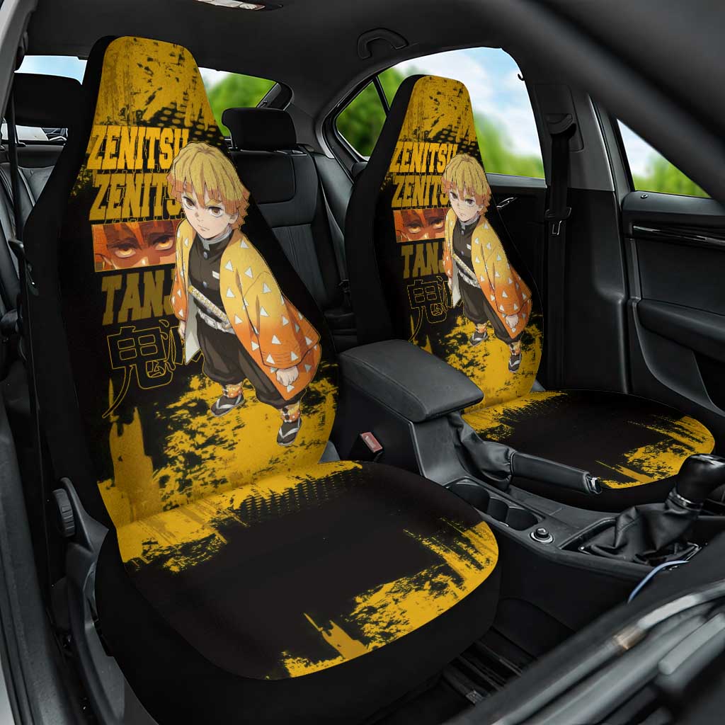 Zenitsu Agatsuma Demon Slayer Yellow Grunge Design Car Seat Cover with Lightning Eyes and Bold Pose - The Mazicc