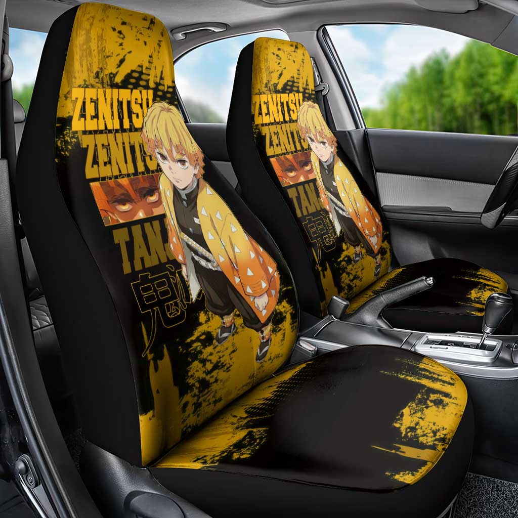 Zenitsu Agatsuma Demon Slayer Yellow Grunge Design Car Seat Cover with Lightning Eyes and Bold Pose - The Mazicc