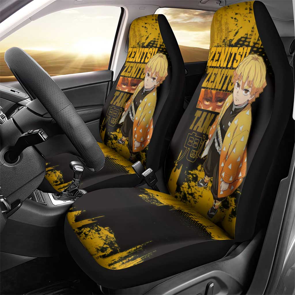 Zenitsu Agatsuma Demon Slayer Yellow Grunge Design Car Seat Cover with Lightning Eyes and Bold Pose - The Mazicc
