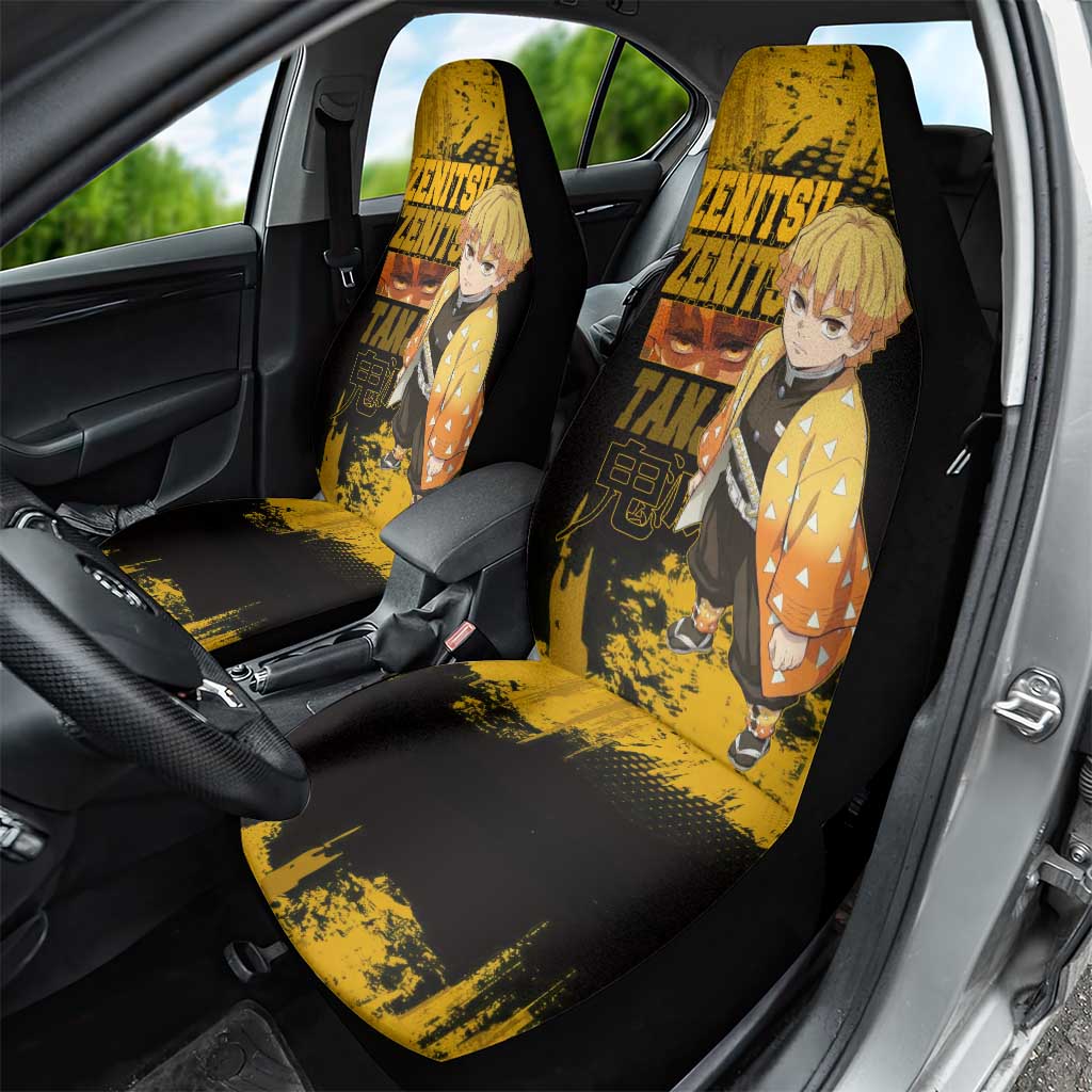 Zenitsu Agatsuma Demon Slayer Yellow Grunge Design Car Seat Cover with Lightning Eyes and Bold Pose - The Mazicc