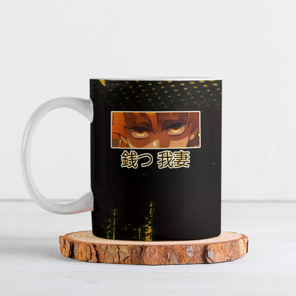 Zenitsu Agatsuma Demon Slayer Yellow Grunge Design Ceramic Mug with Lightning Eyes and Bold Pose - The Mazicc