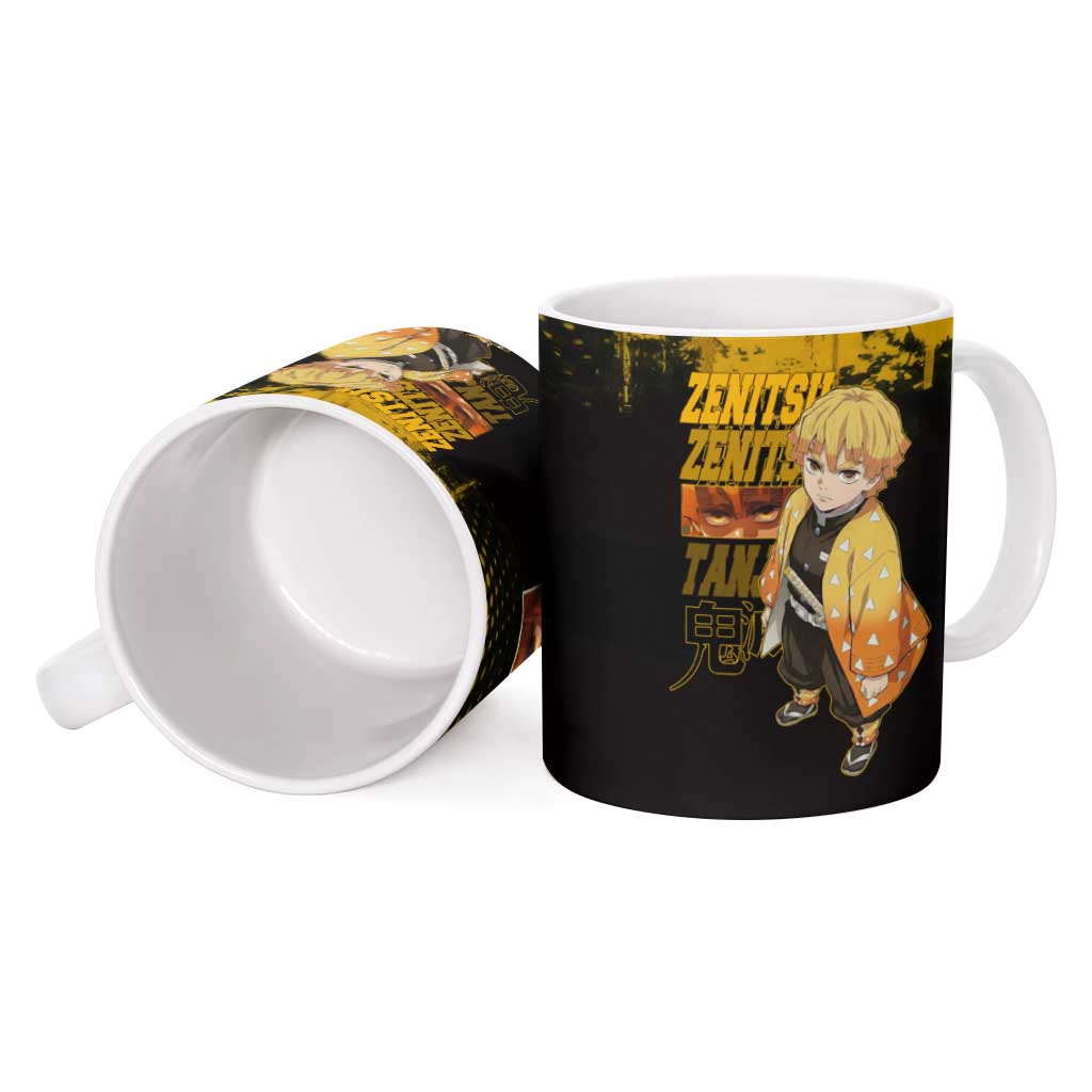 Zenitsu Agatsuma Demon Slayer Yellow Grunge Design Ceramic Mug with Lightning Eyes and Bold Pose - The Mazicc