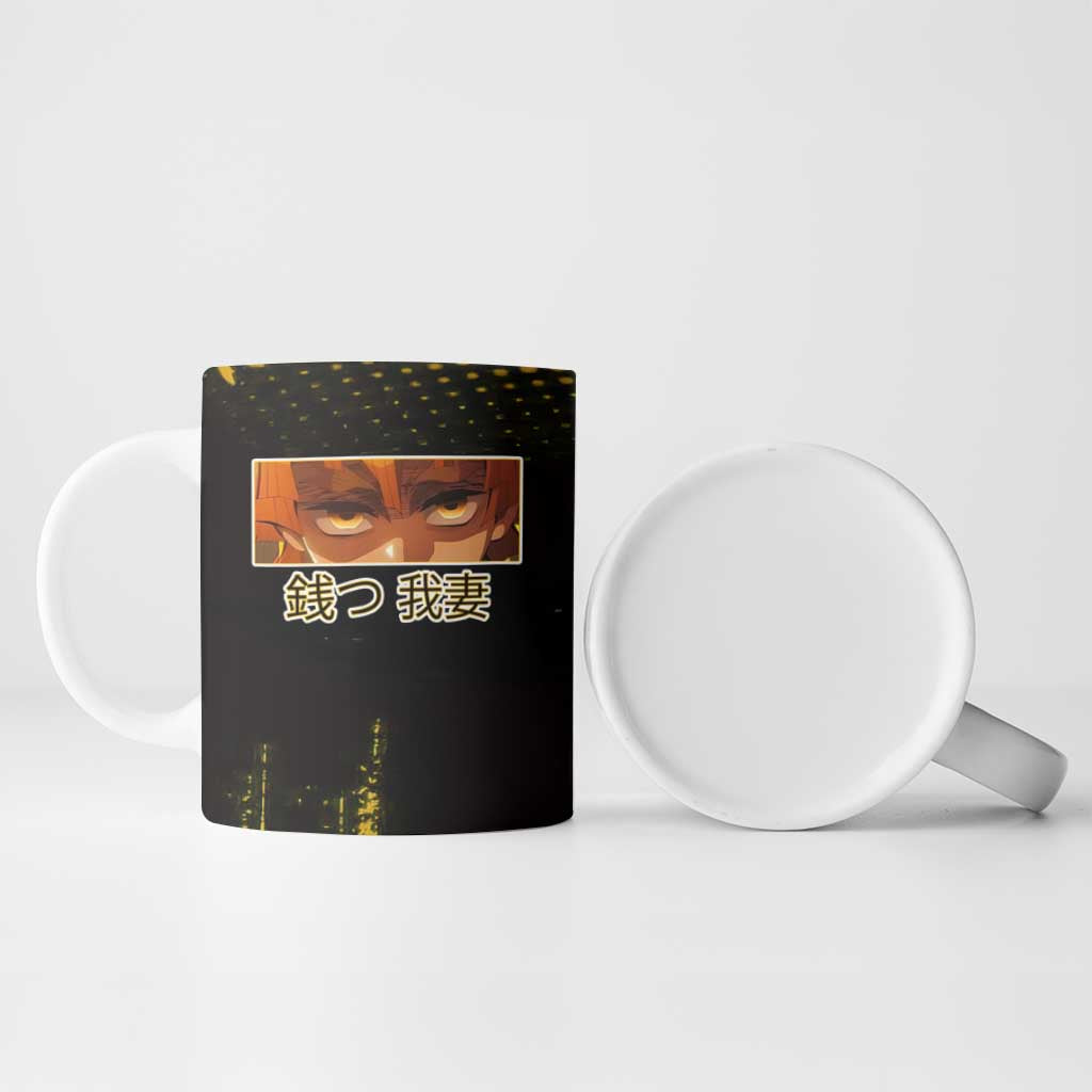 Zenitsu Agatsuma Demon Slayer Yellow Grunge Design Ceramic Mug with Lightning Eyes and Bold Pose - The Mazicc