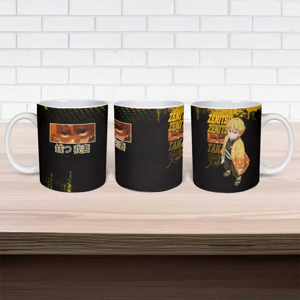 Zenitsu Agatsuma Demon Slayer Yellow Grunge Design Ceramic Mug with Lightning Eyes and Bold Pose - The Mazicc