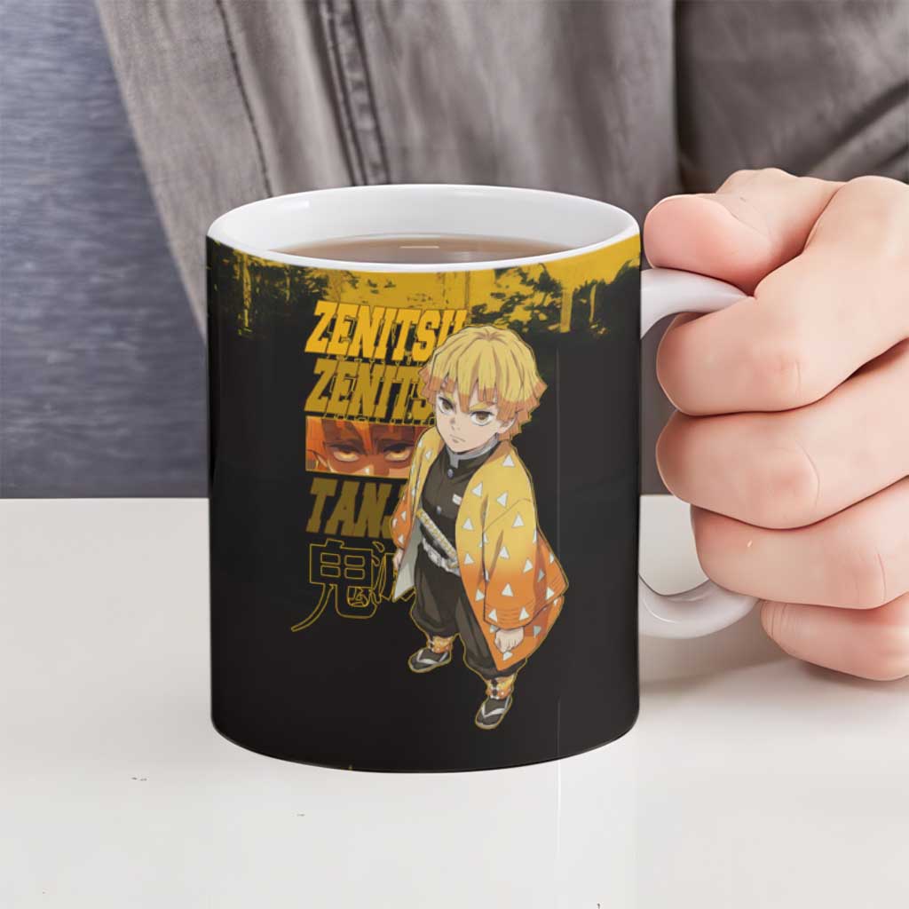 Zenitsu Agatsuma Demon Slayer Yellow Grunge Design Ceramic Mug with Lightning Eyes and Bold Pose - The Mazicc