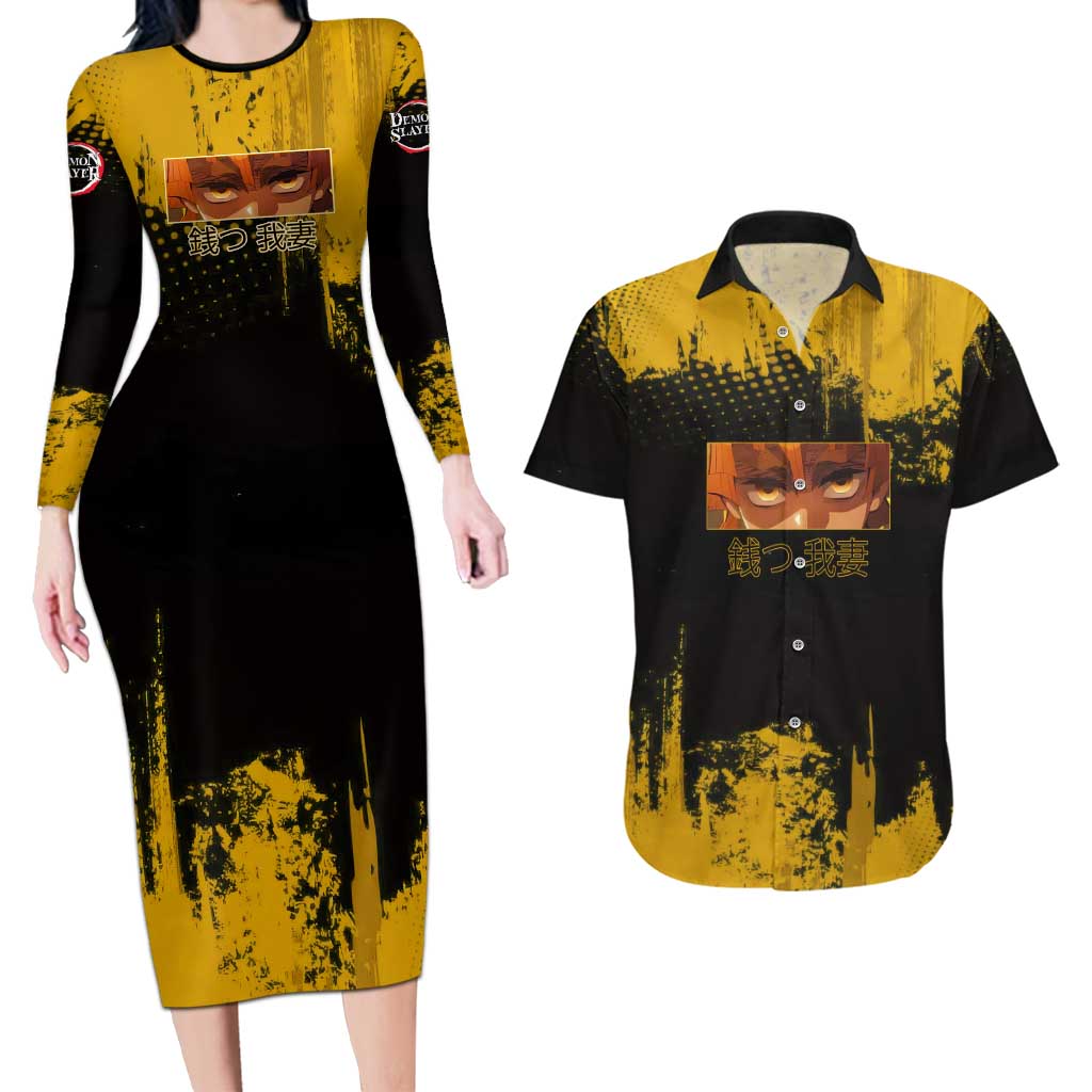 Zenitsu Agatsuma Demon Slayer Yellow Grunge Design Couples Matching Long Sleeve Bodycon Dress and Hawaiian Shirt with Lightning Eyes and Bold Pose - The Mazicc
