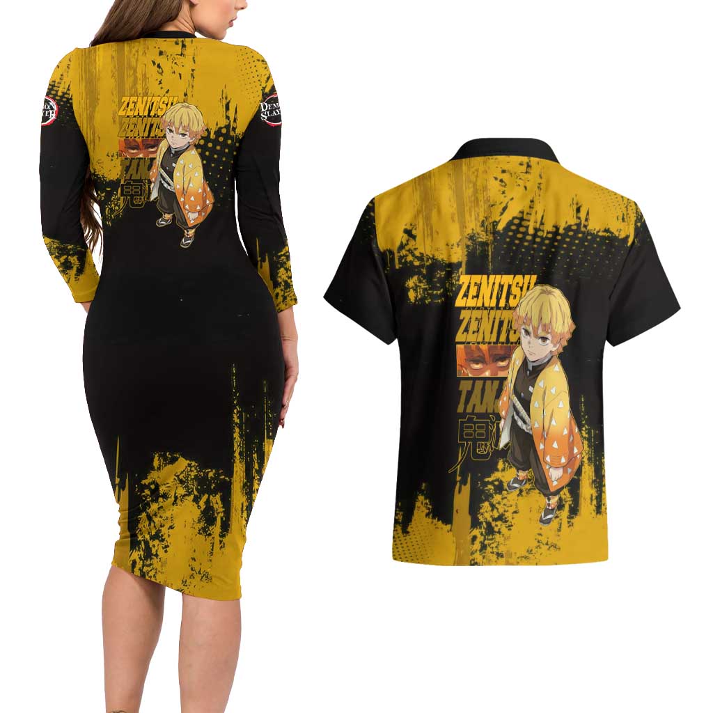 Zenitsu Agatsuma Demon Slayer Yellow Grunge Design Couples Matching Long Sleeve Bodycon Dress and Hawaiian Shirt with Lightning Eyes and Bold Pose - The Mazicc