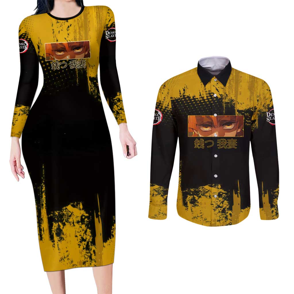 Zenitsu Agatsuma Demon Slayer Yellow Grunge Design Couples Matching Long Sleeve Bodycon Dress and Long Sleeve Button Shirt with Lightning Eyes and Bold Pose - The Mazicc