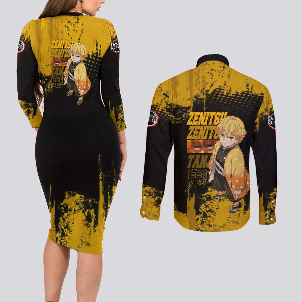 Zenitsu Agatsuma Demon Slayer Yellow Grunge Design Couples Matching Long Sleeve Bodycon Dress and Long Sleeve Button Shirt with Lightning Eyes and Bold Pose - The Mazicc
