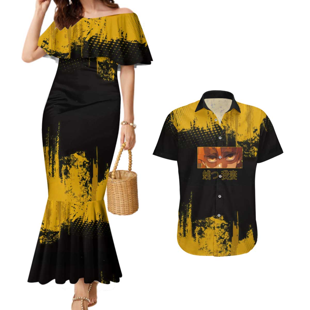 Zenitsu Agatsuma Demon Slayer Yellow Grunge Design Couples Matching Mermaid Dress and Hawaiian Shirt with Lightning Eyes and Bold Pose - The Mazicc