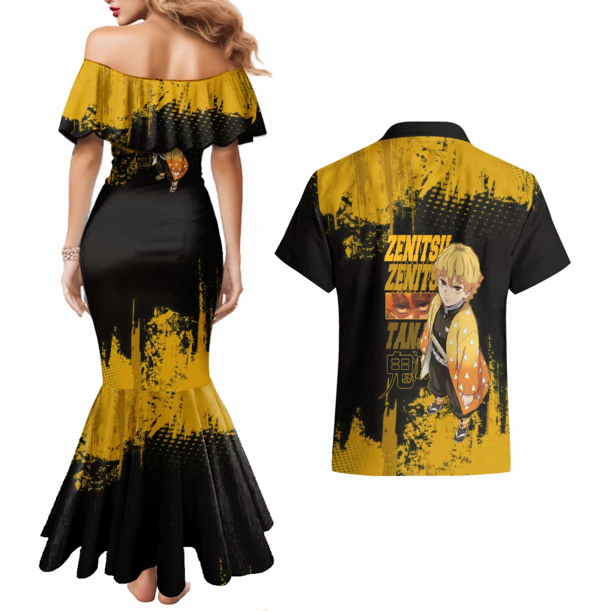 Zenitsu Agatsuma Demon Slayer Yellow Grunge Design Couples Matching Mermaid Dress and Hawaiian Shirt with Lightning Eyes and Bold Pose - The Mazicc