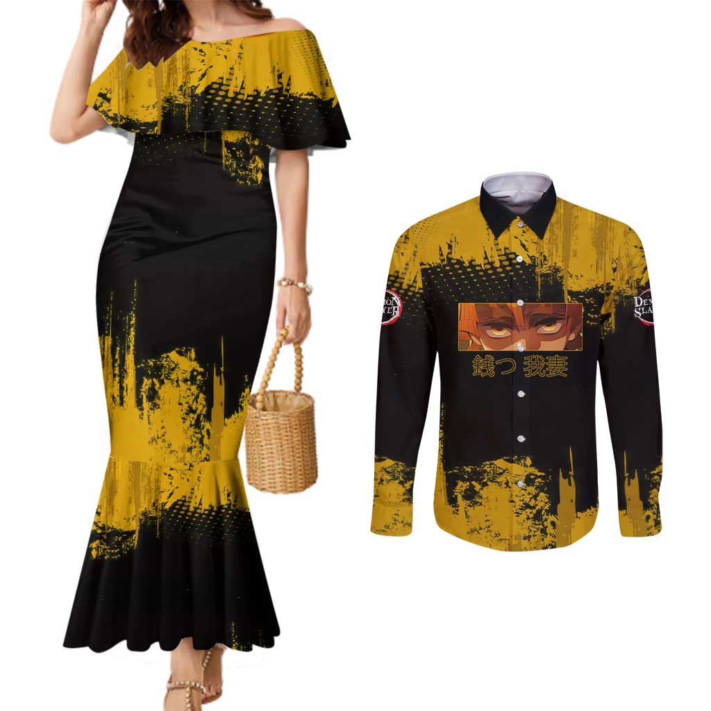 Zenitsu Agatsuma Demon Slayer Yellow Grunge Design Couples Matching Mermaid Dress and Long Sleeve Button Shirt with Lightning Eyes and Bold Pose - The Mazicc