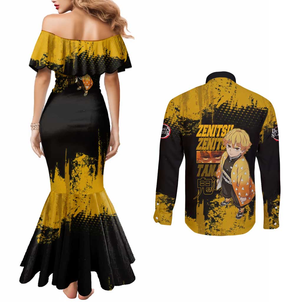 Zenitsu Agatsuma Demon Slayer Yellow Grunge Design Couples Matching Mermaid Dress and Long Sleeve Button Shirt with Lightning Eyes and Bold Pose - The Mazicc