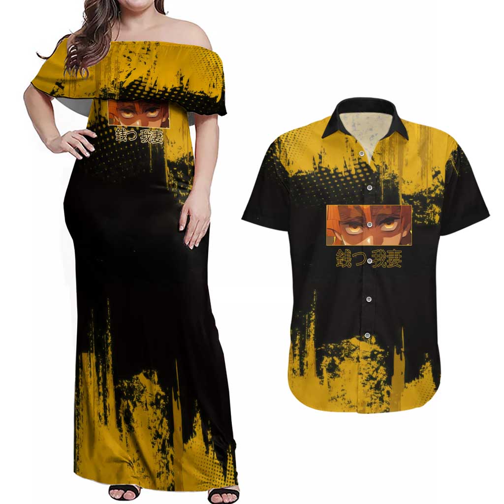 Zenitsu Agatsuma Demon Slayer Yellow Grunge Design Couples Matching Off Shoulder Maxi Dress and Hawaiian Shirt with Lightning Eyes and Bold Pose - The Mazicc
