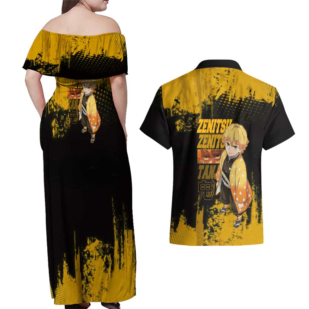 Zenitsu Agatsuma Demon Slayer Yellow Grunge Design Couples Matching Off Shoulder Maxi Dress and Hawaiian Shirt with Lightning Eyes and Bold Pose - The Mazicc
