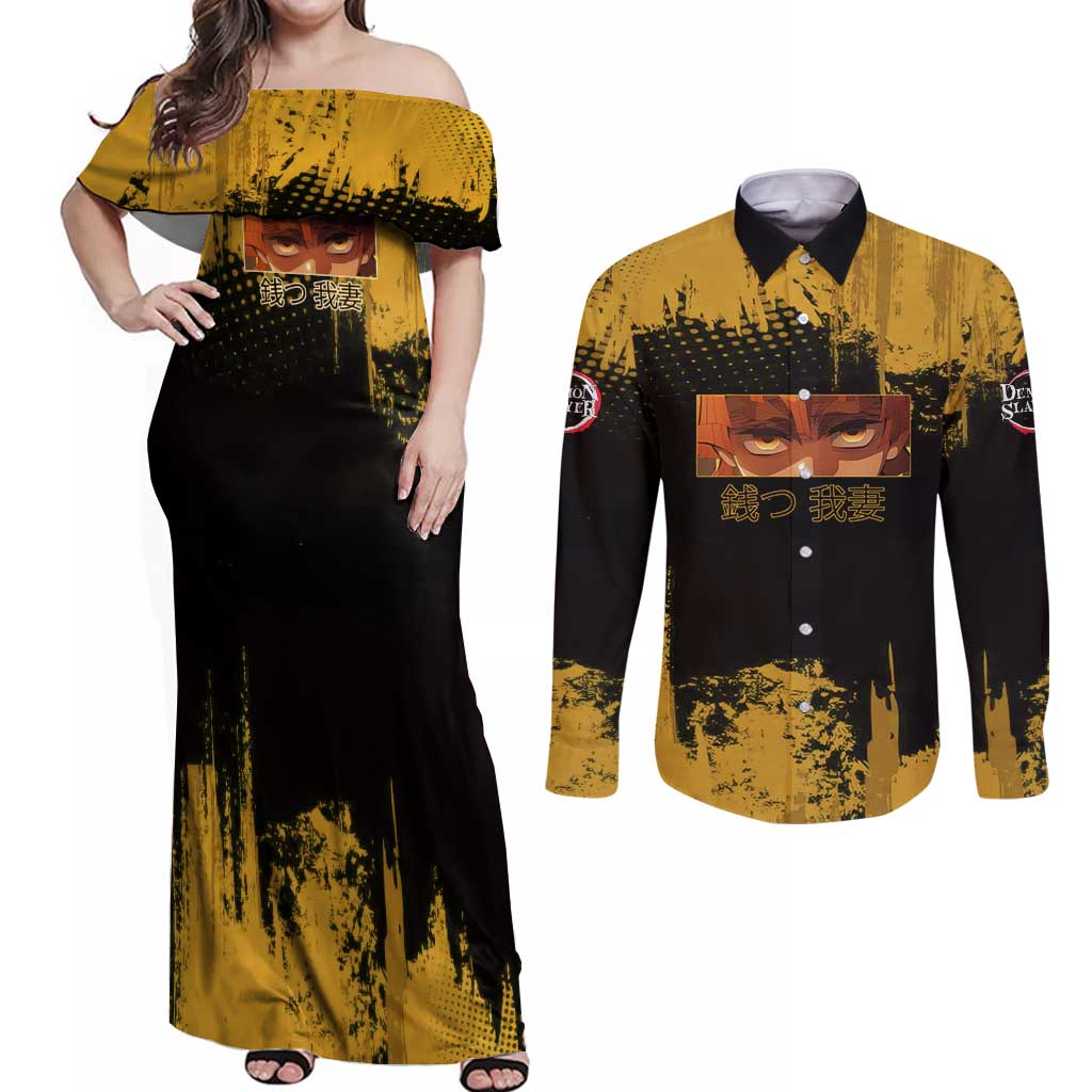 Zenitsu Agatsuma Demon Slayer Yellow Grunge Design Couples Matching Off Shoulder Maxi Dress and Long Sleeve Button Shirt with Lightning Eyes and Bold Pose - The Mazicc